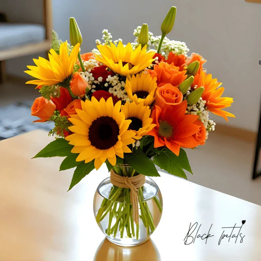 Radiant Harvest Glow bouquet with sunflowers and orange roses NYC