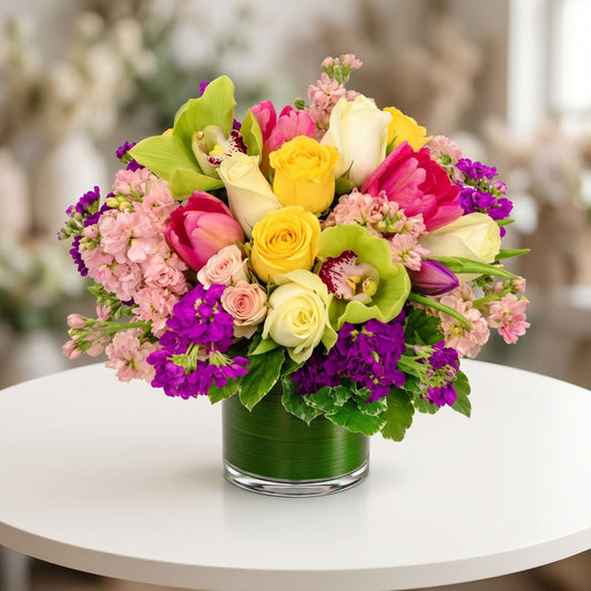Vibrant floral arrangement featuring yellow and ivory roses, pink tulips, green cymbidium orchids, and purple and blush pink blooms, accented with lush greenery in a clear glass cylinder vase, available at Black Petals.