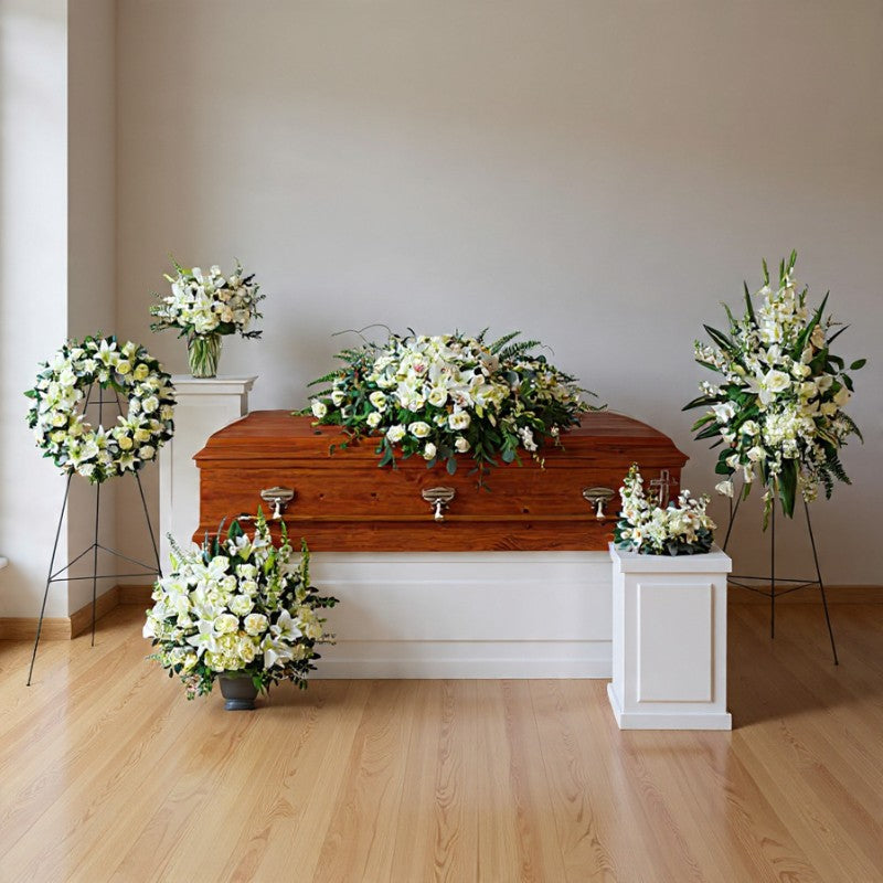 White Grace Collection luxury white sympathy florals with roses and greenery for an elegant memorial tribute