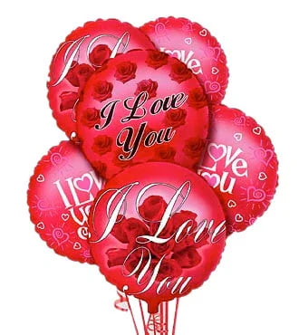 Red and pink I Love You balloons with rose and heart designs for Valentine's Day