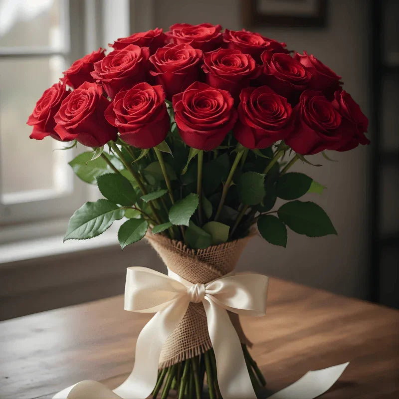 Bouquet of vibrant red roses wrapped in burlap with a white satin ribbon on wooden table
