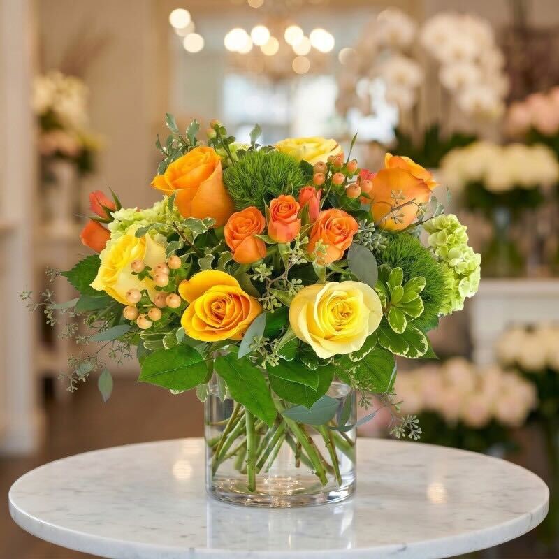 Bright floral arrangement featuring yellow and orange roses, green hydrangea, hypericum berries, and lush greenery in a clear glass vase on a marble table.