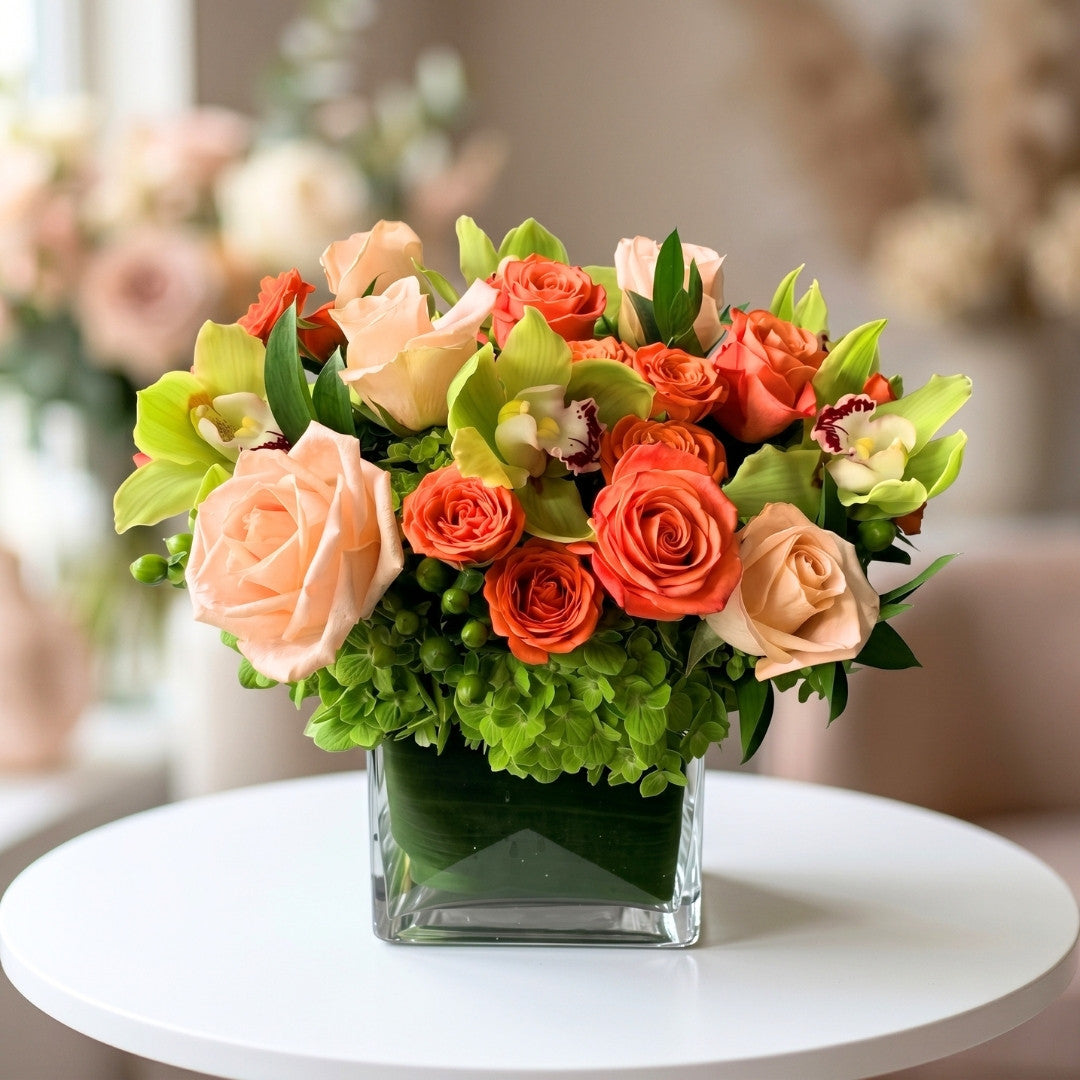 Premium floral arrangement featuring coral and blush roses, green cymbidium orchids, green hydrangeas, hypericum berries, and lush greenery arranged in a modern glass cube vase.