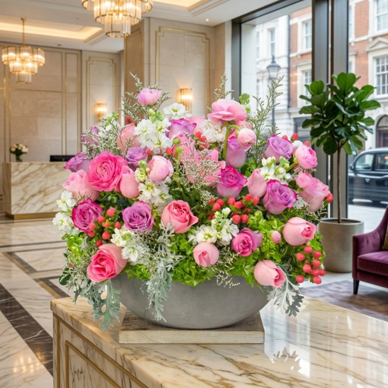 Elegant pink rose and garden flower lobby arrangement in a stone bowl displayed on a marble table in a luxury hotel lobby.