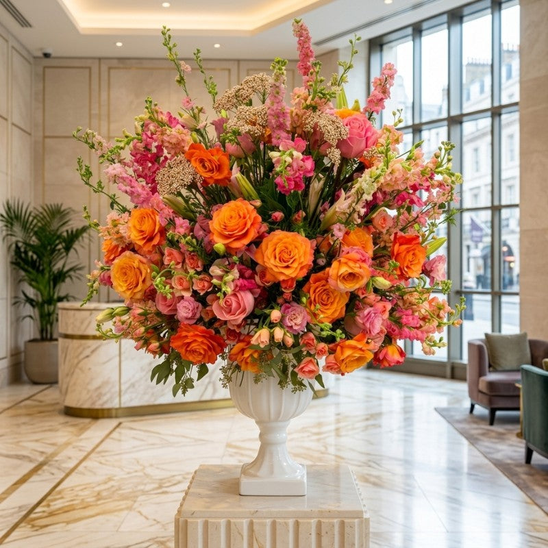 Large orange and pink rose lobby arrangement in a classic pedestal vase displayed in a luxury hotel reception area.