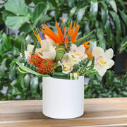 Tropical flower arrangement with orange bird of paradise and white orchids in white vase