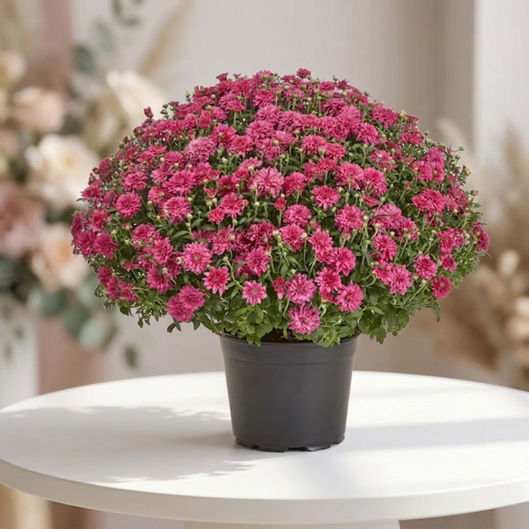 Rosy pink chrysanthemum plant in classic pot by Black Petals, fresh mums delivered same day in NYC