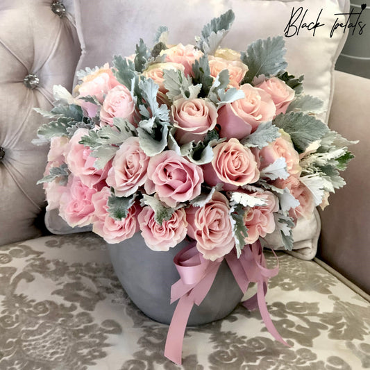 Pink Mondial Roses In A Ceramic Pot