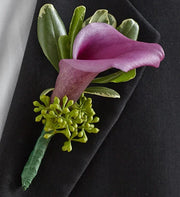 Purple calla lily boutonniere with greenery on black suit lapel