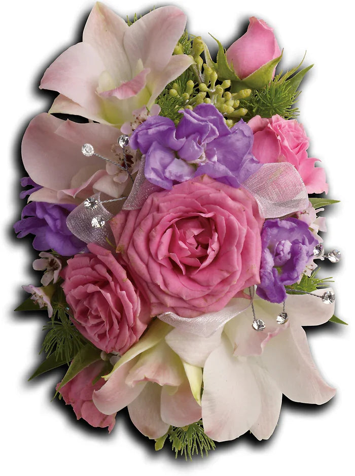 Purple and pink floral wristlet corsage with roses, sweet peas, greenery, and decorative rhinestones