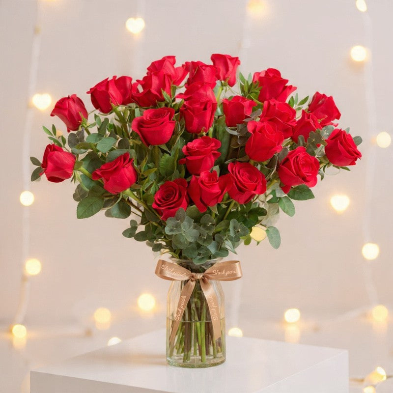 Valentine 25 Red Roses Vase - Black Petals
