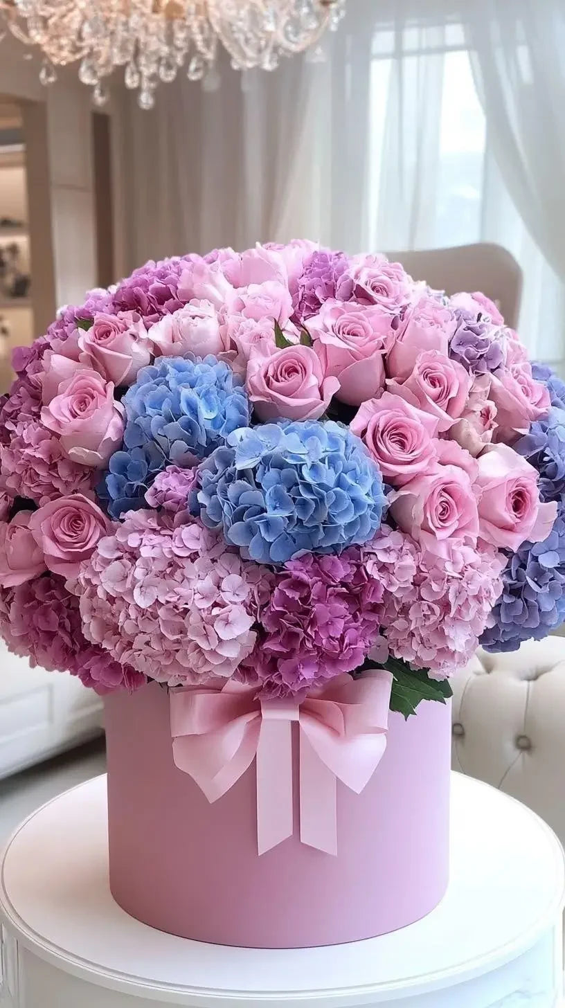 Royal Hydrangea Charm arrangement with pink roses and purple hydrangeas in a hatbox, available for same-day delivery in Manhattan & NYC.