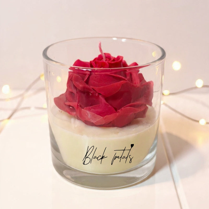 Rose petal soy candle in a clear glass jar