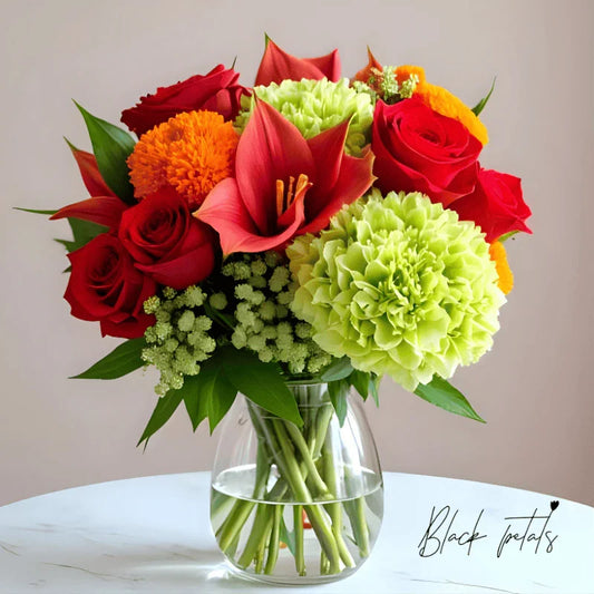 Autumn Ember Elegance fall bouquet with red roses and green dahlias NYC