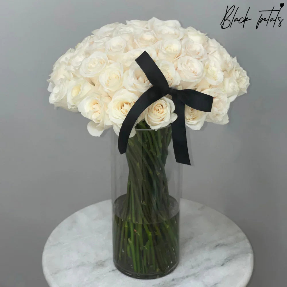 White Roses And Stems In A Glass Vase - Black Petals
