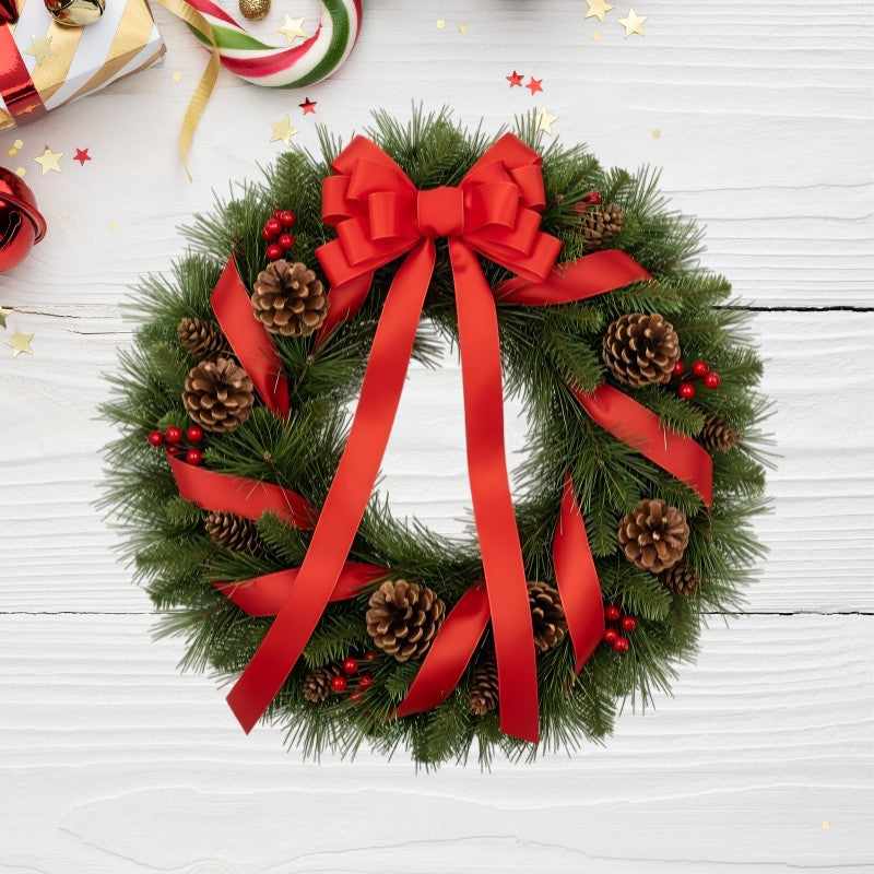 Holiday Ribbon Glow Christmas Wreath with red ribbons, pinecones, berries, and lush green pine for festive seasonal home décor.