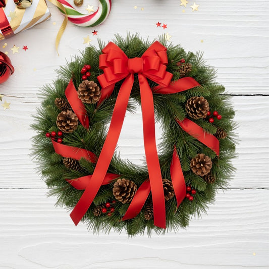 Holiday Ribbon Glow Christmas Wreath with red ribbons, pinecones, berries, and lush green pine for festive seasonal home décor.