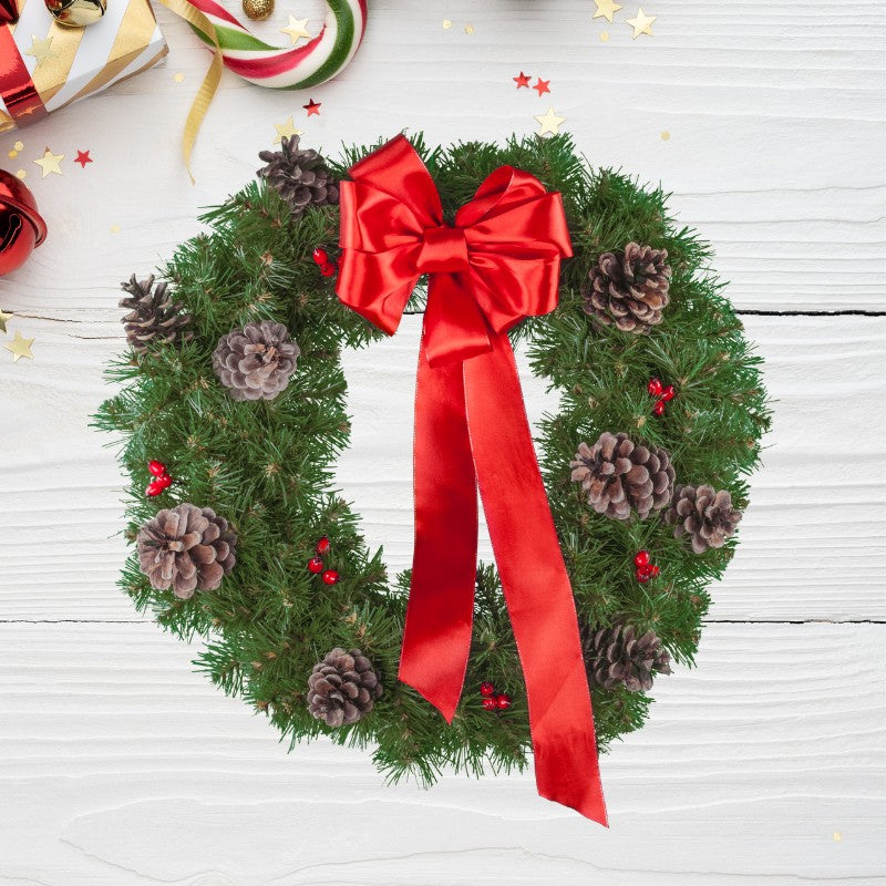 Red Ribbon Pine Christmas Wreath with pinecones and a festive red bow for classic holiday home and doorway décor.