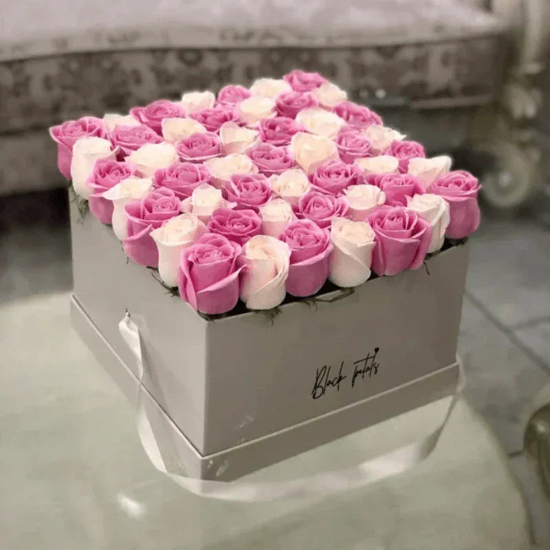 Yelena with Pink and White Roses in Large Square Box - Black Petals