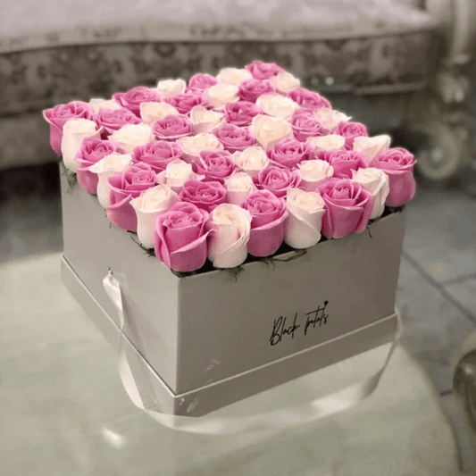 Yelena with Pink and White Roses in Large Square Box - Black Petals