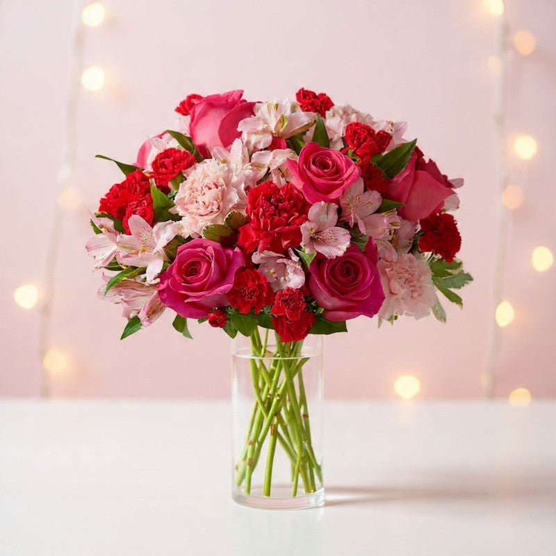 You’re Precious bouquet with pink and red roses in a clear glass vase