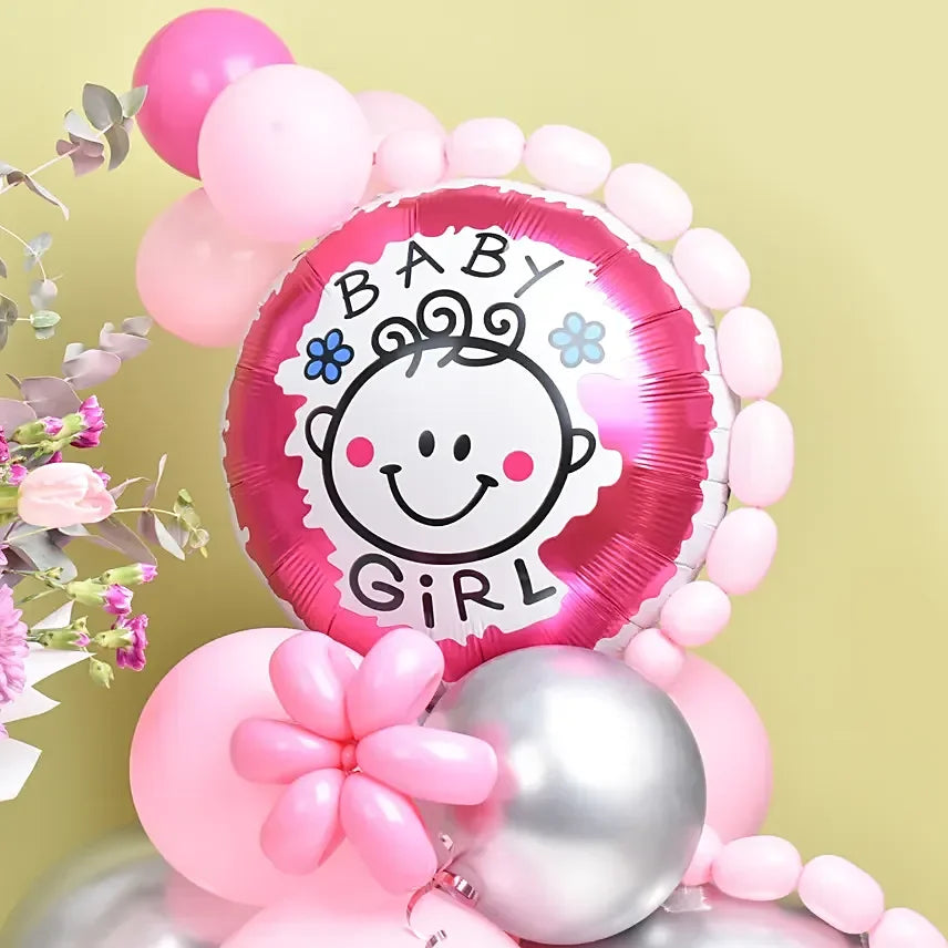 Baby Girl Balloons with Flowers Bouquet - Black Petals