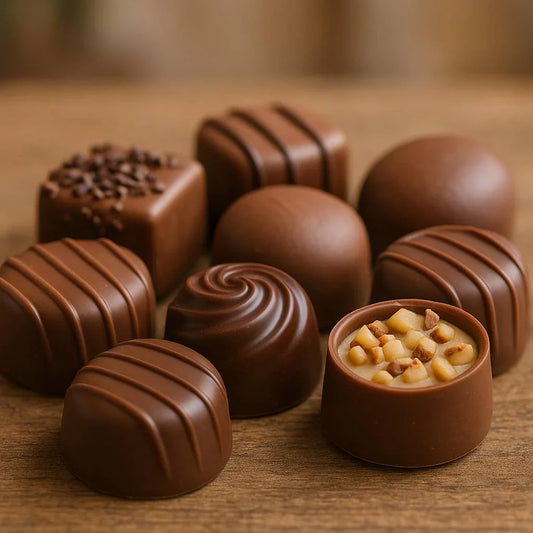 Assorted gourmet chocolate truffles and pralines on wooden surface, some topped with nuts and decorative lines