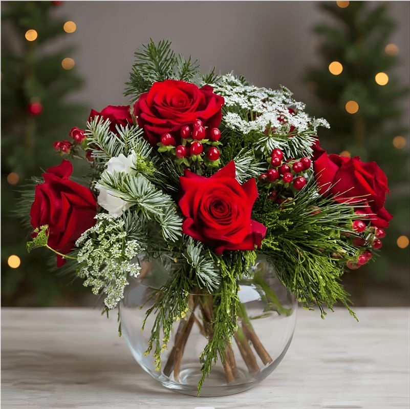 Frosted Red Rose Harmony bouquet with winter-kissed red roses arranged for seasonal gifting and décor