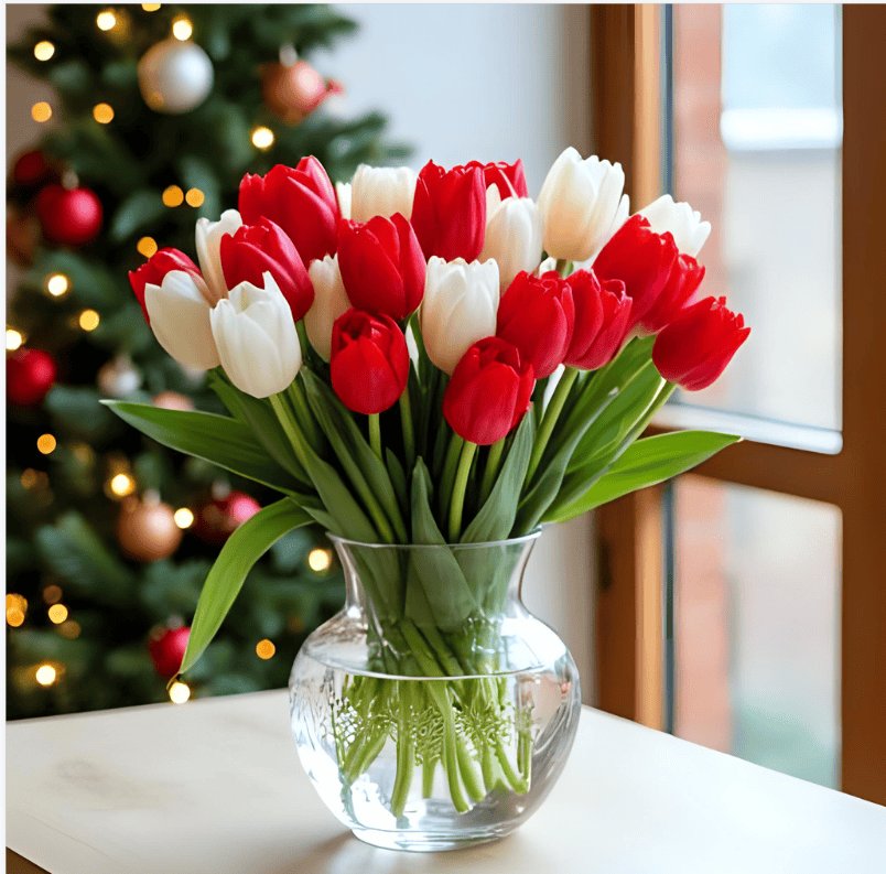 Winter tulip bouquet with soft white and blush blooms arranged for seasonal floral gifting
