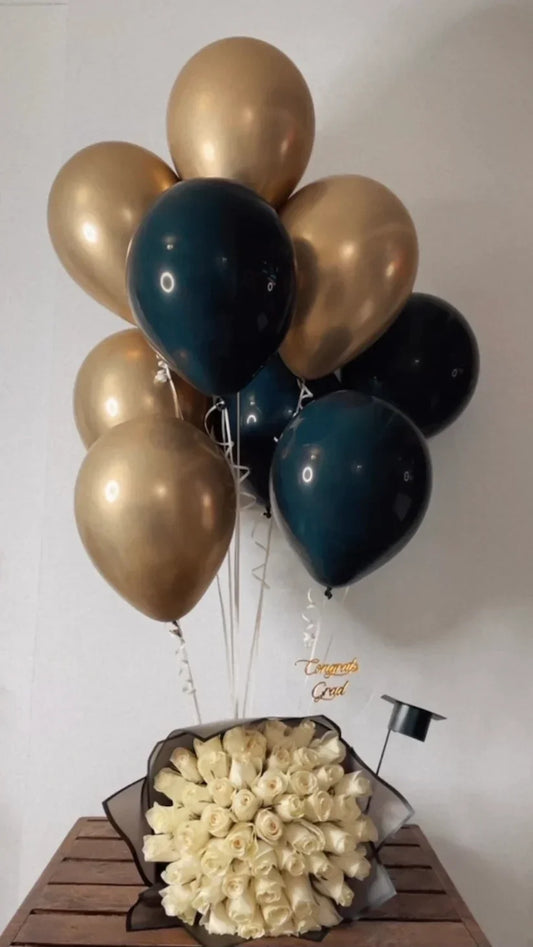 Graduation Bouquet and Balloons - Black Petals