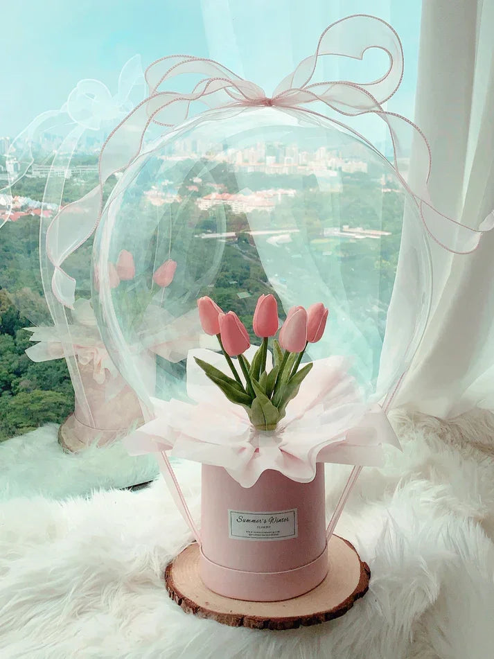 Faux Tulips Balloon Box [ Premium ] - Black Petals