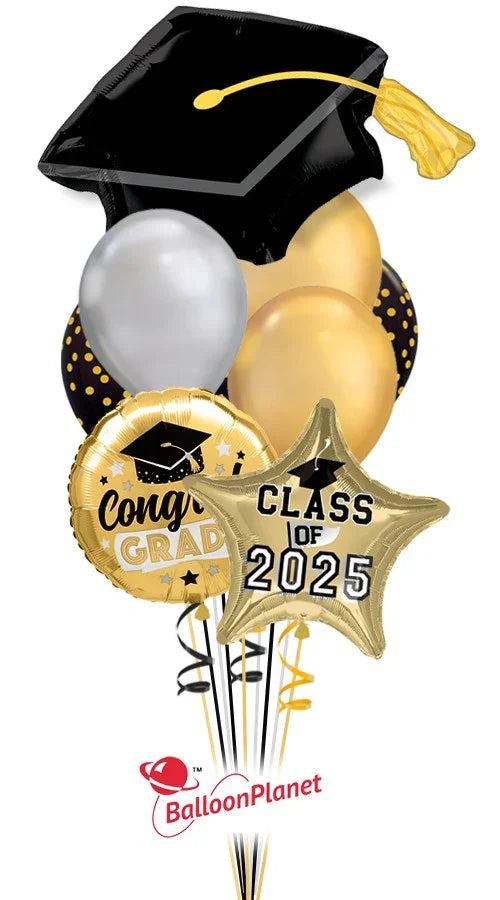 Grad Cap Graduation Balloon Bouquet (9 Balloons) - Black Petals