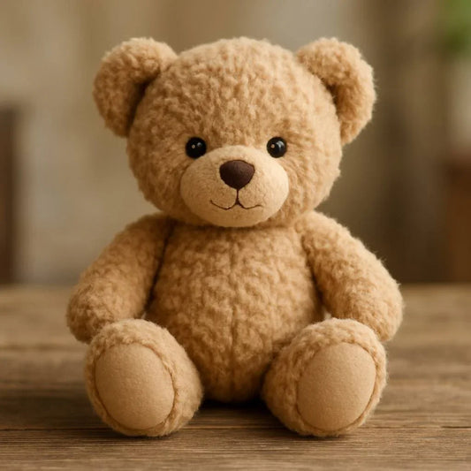 Soft light brown teddy bear with black eyes sitting on wooden surface indoors